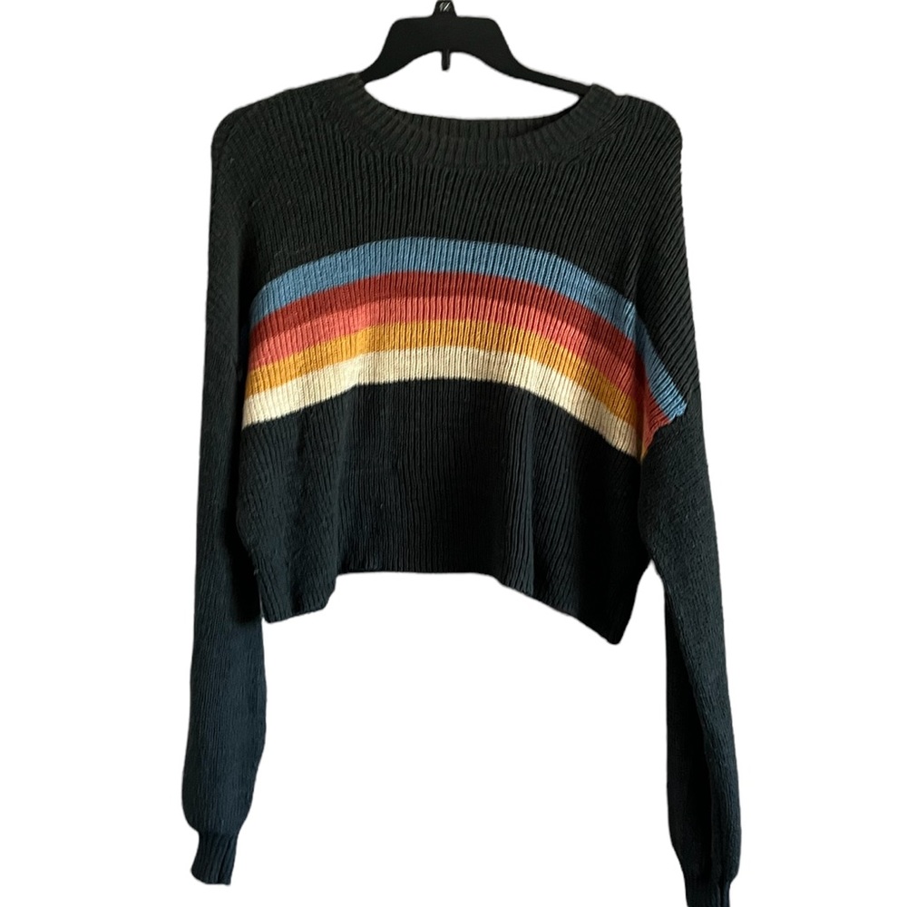 American Eagle Green Striped Cotton Long Sleeve Cropped Knit Pullover Sweater